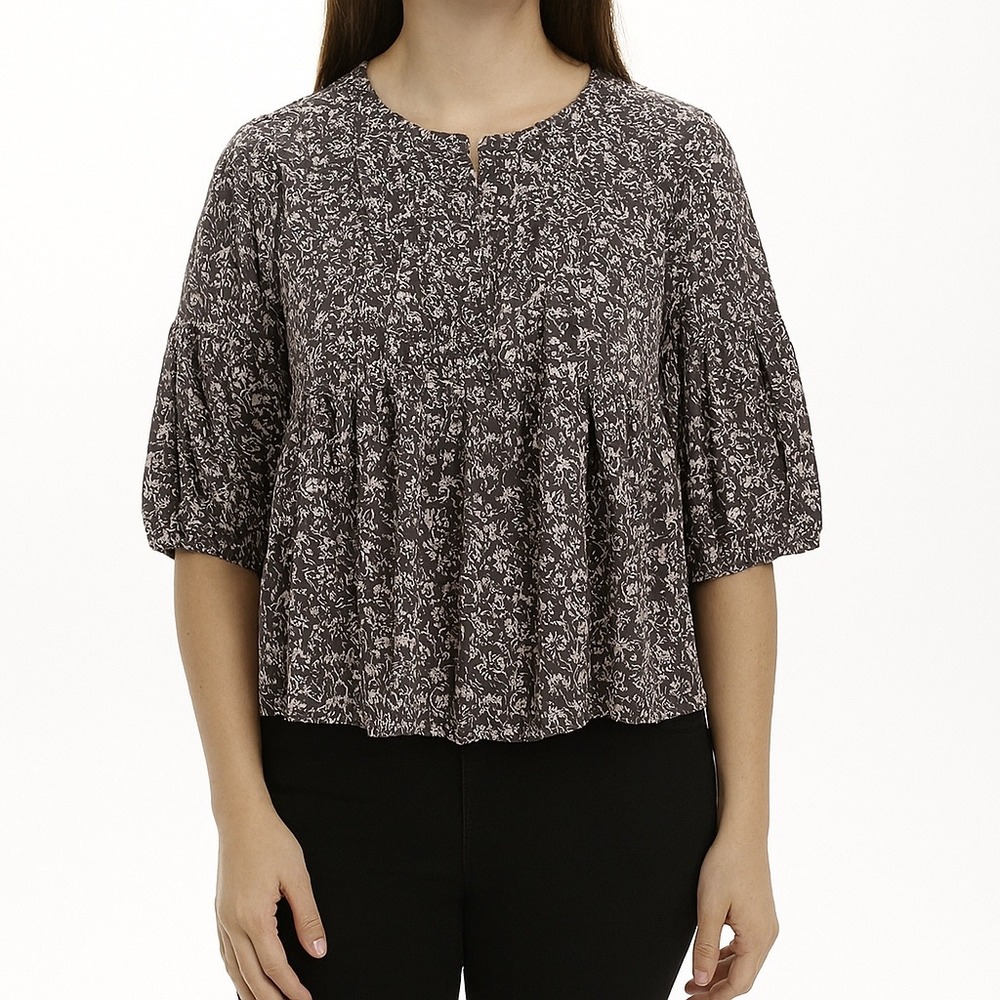 Gap Blouse Women Puff Sleeve Floral Print Popover Top Gray Neutral Casual Size S
